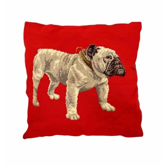 Dog Design Decorative Pillow Bulldog Needlepoint Tapestry Vintage Decor